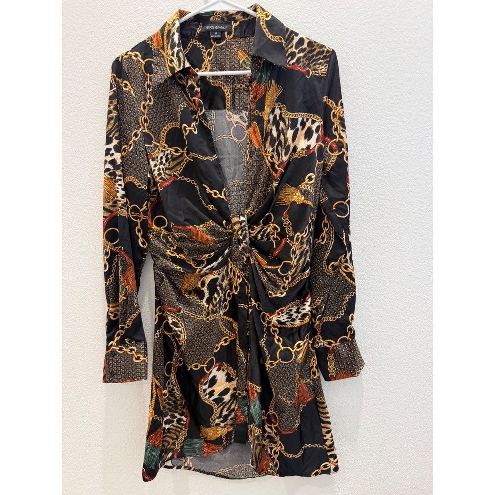 Hers & Mine Leopard Chain Print Twist Front Mini Dress Black Gold Women's Medium